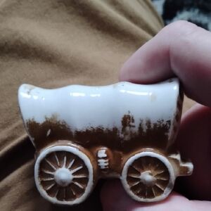 Vintage Ceramic Covered Wagon Figurine - Brown and White